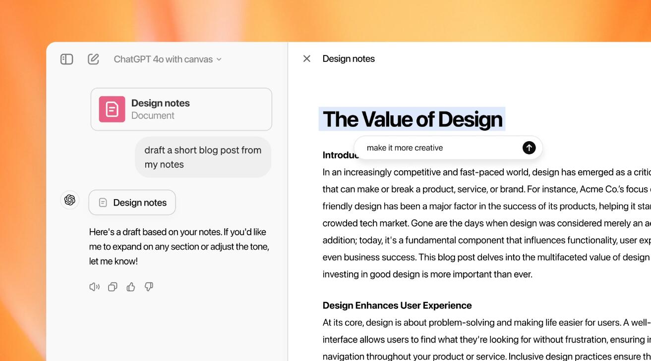 ChatGPT对话开新窗口：OpenAI推出新界面canvas，特辟写作和编码工作区